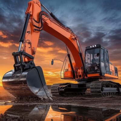 A powerful excavator working at sunset, showcasing its digging capabilities.